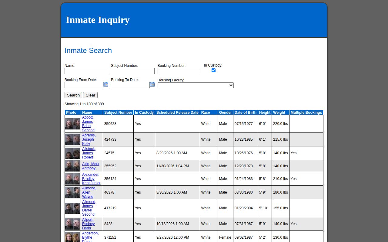 Madison County arrest roster search controls and custody fields