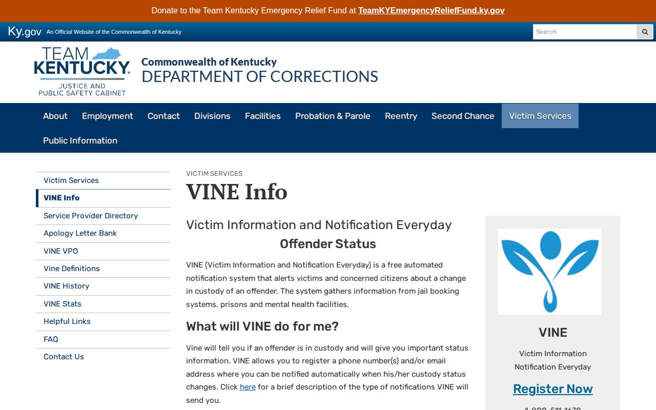 Kentucky Department of Corrections VINE instructions for custody alerts