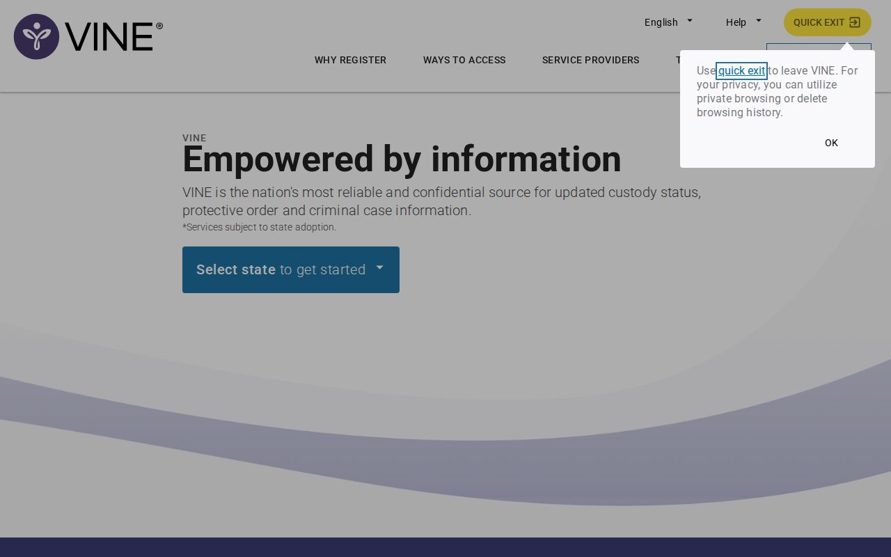 VINELink landing page for selecting Kentucky and beginning a custody search