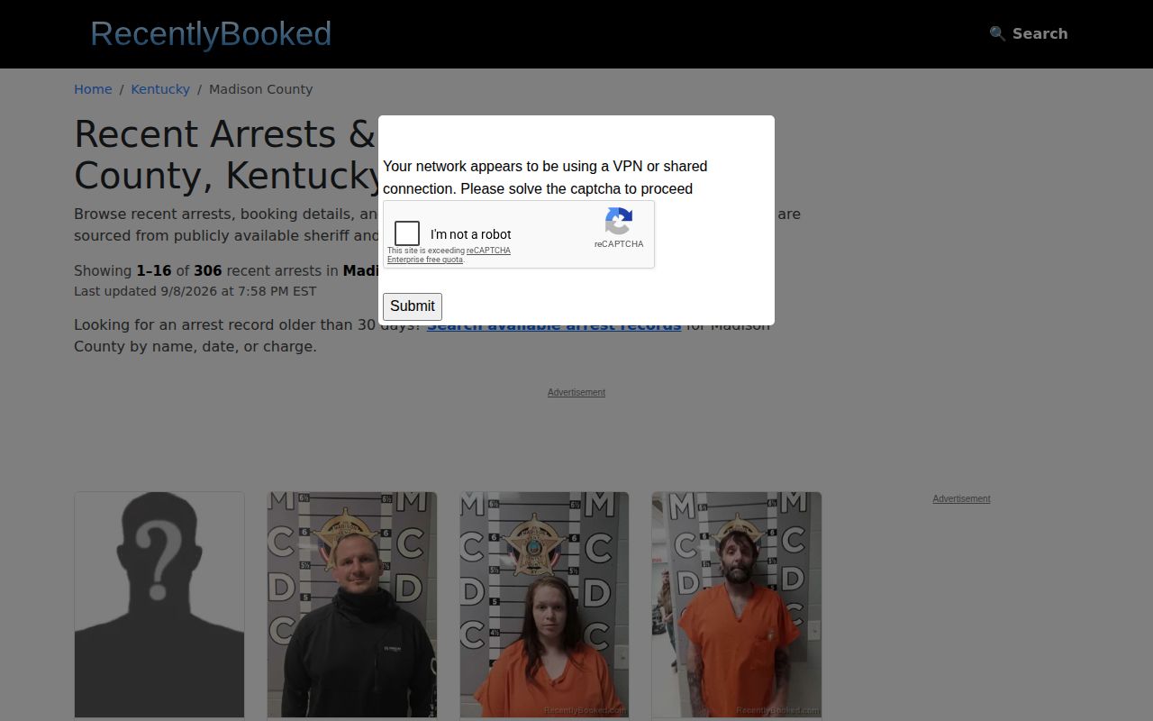 Unofficial RecentlyBooked Madison County archive page shown for comparison